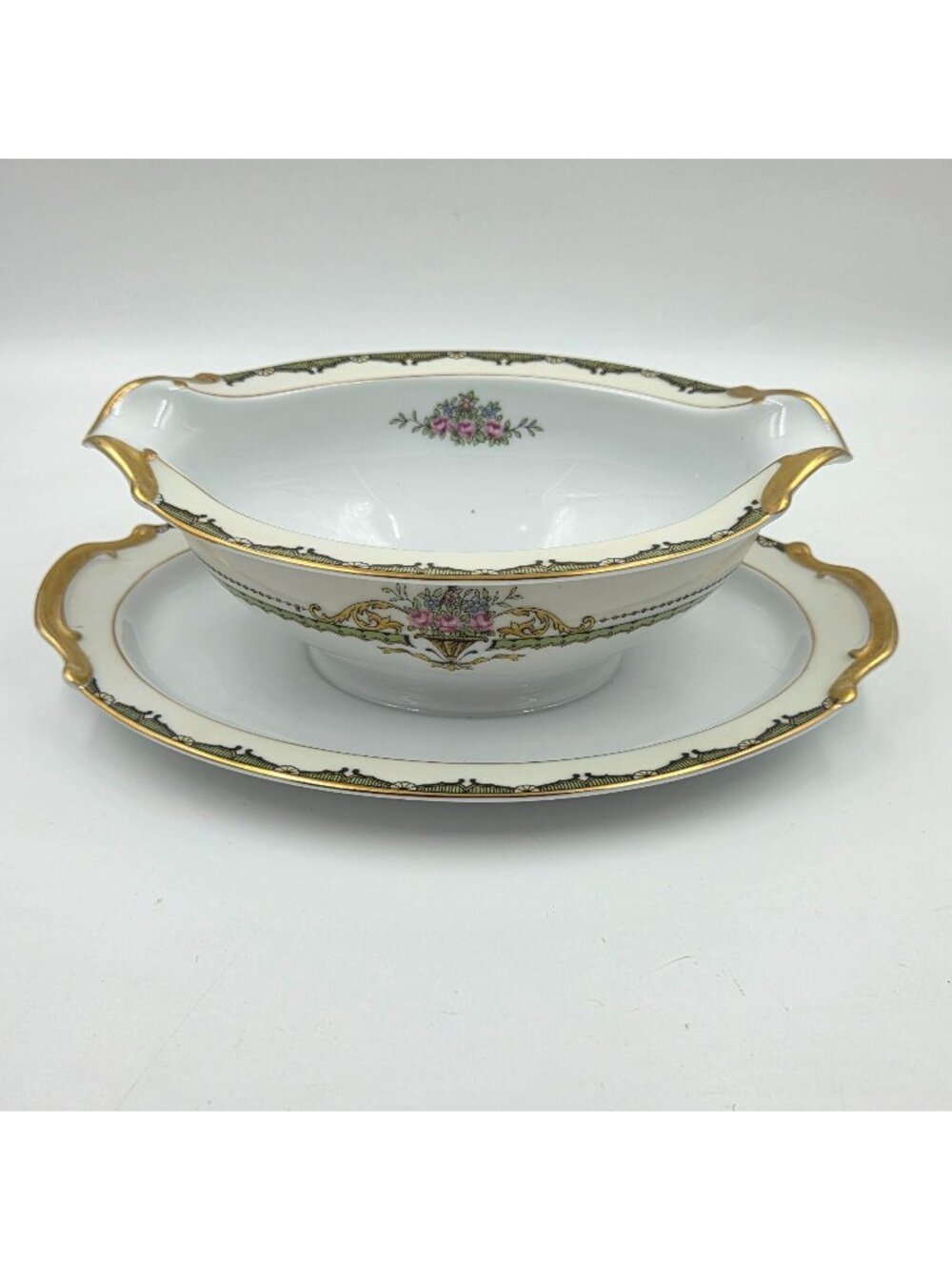 Noritake Penelope Gravy Boat With Attached Underplate Green Pink Roses Gold Trim